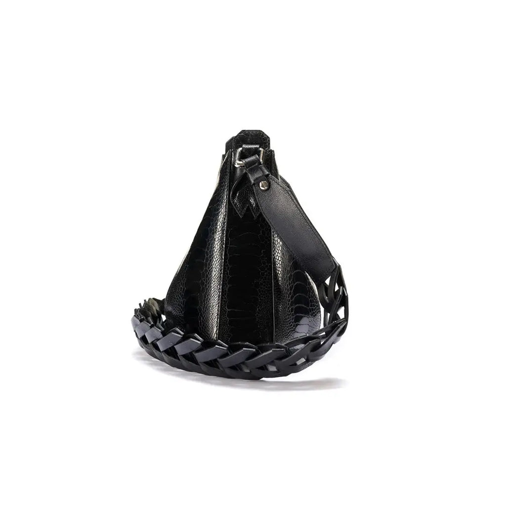 Black Luna Ostrich Leg Leather Shoulder Bag Bellabags Bellabags