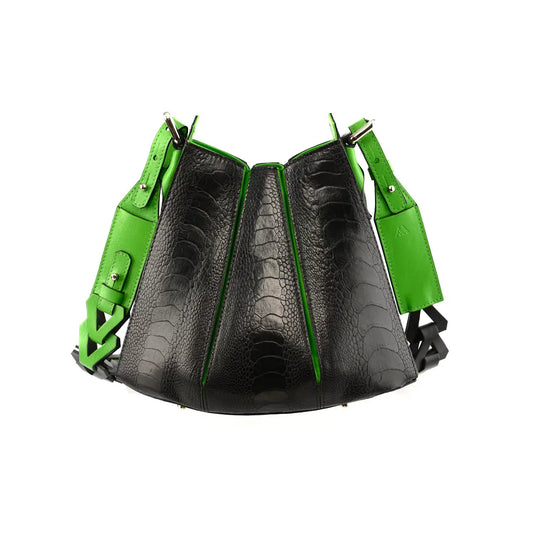Black Luna Limited Edition Ostrich Leather Shoulder Bag with Green Gussets Bellabags Bellabags