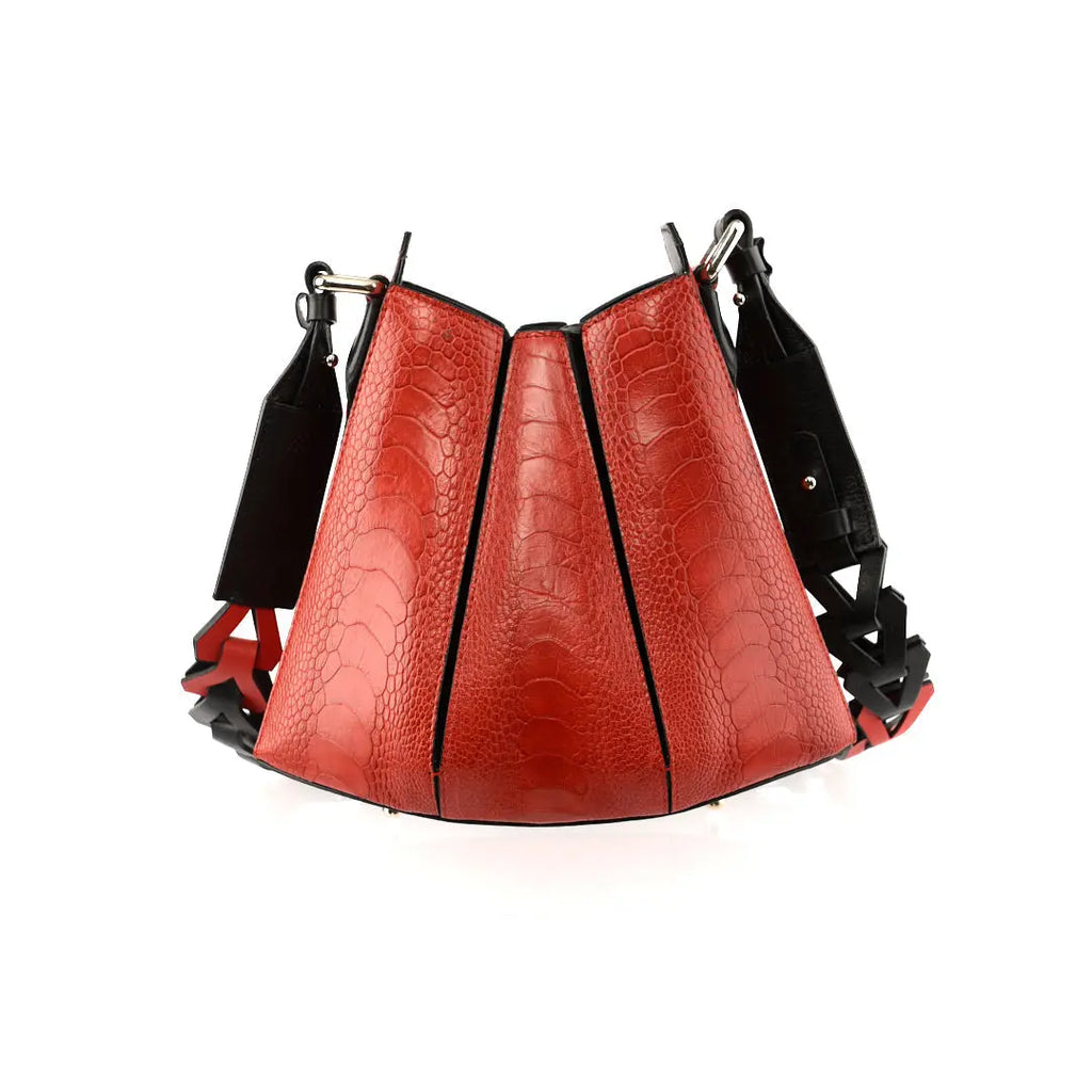 Red Luna Limited Edition Ostrich Leather Shoulder Bag with Black Gussets Bellabags Bellabags