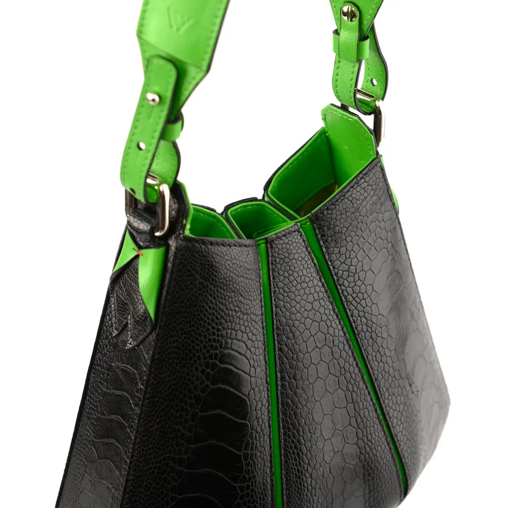 Black Luna Limited Edition Ostrich Leather Shoulder Bag with Green Gussets Bellabags Bellabags