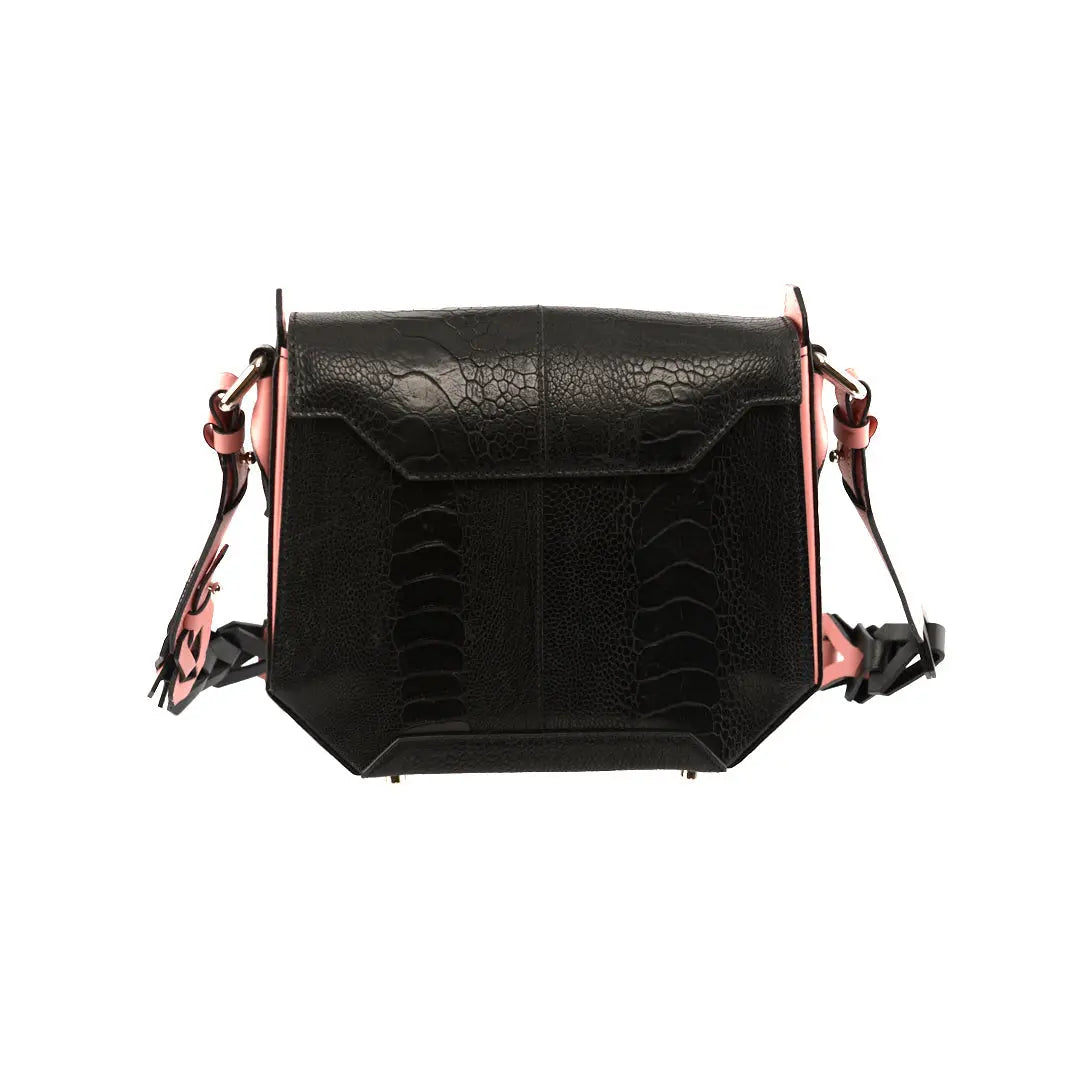 Black Lia Limited Edition Ostrich Leather Shoulder Bag with Light Pink Gussets Bellabags Bellabags
