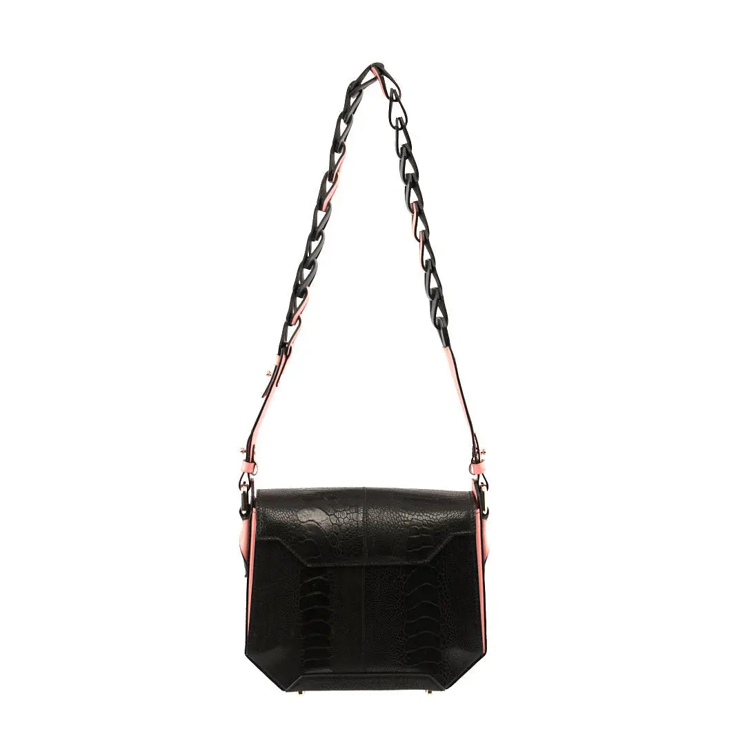 Black Lia Limited Edition Ostrich Leather Shoulder Bag with Light Pink Gussets Bellabags Bellabags