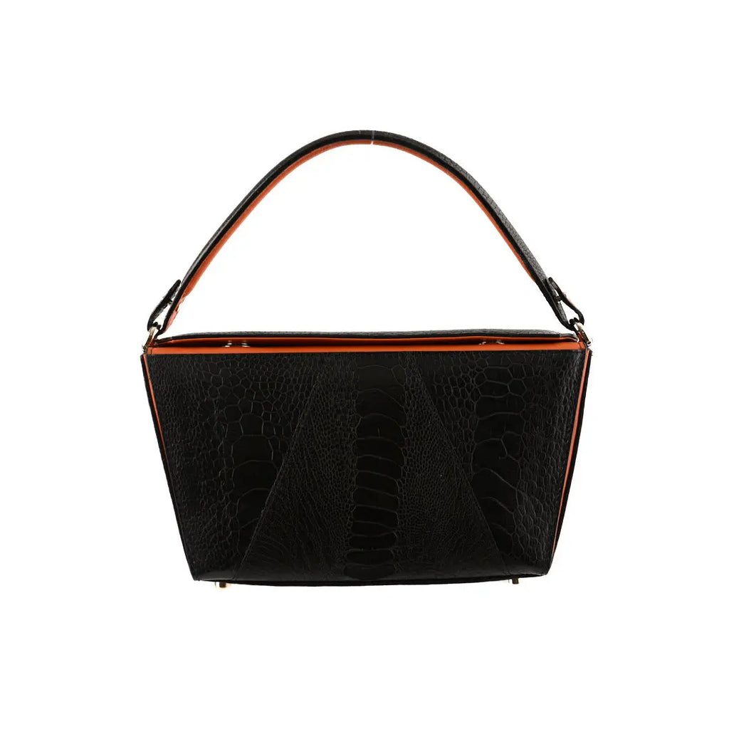 Black Lottie Limited Edition Ostrich Leather Crossbody Bag with Orange Gussets Bellabags Bellabags