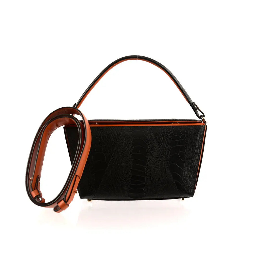 Black Lottie Limited Edition Ostrich Leather Crossbody Bag with Orange Gussets Bellabags Bellabags